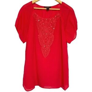August‎ Silk Sparkly Top Womens M Red Cotton Puff Sleeve Blouse Fairy Sequins